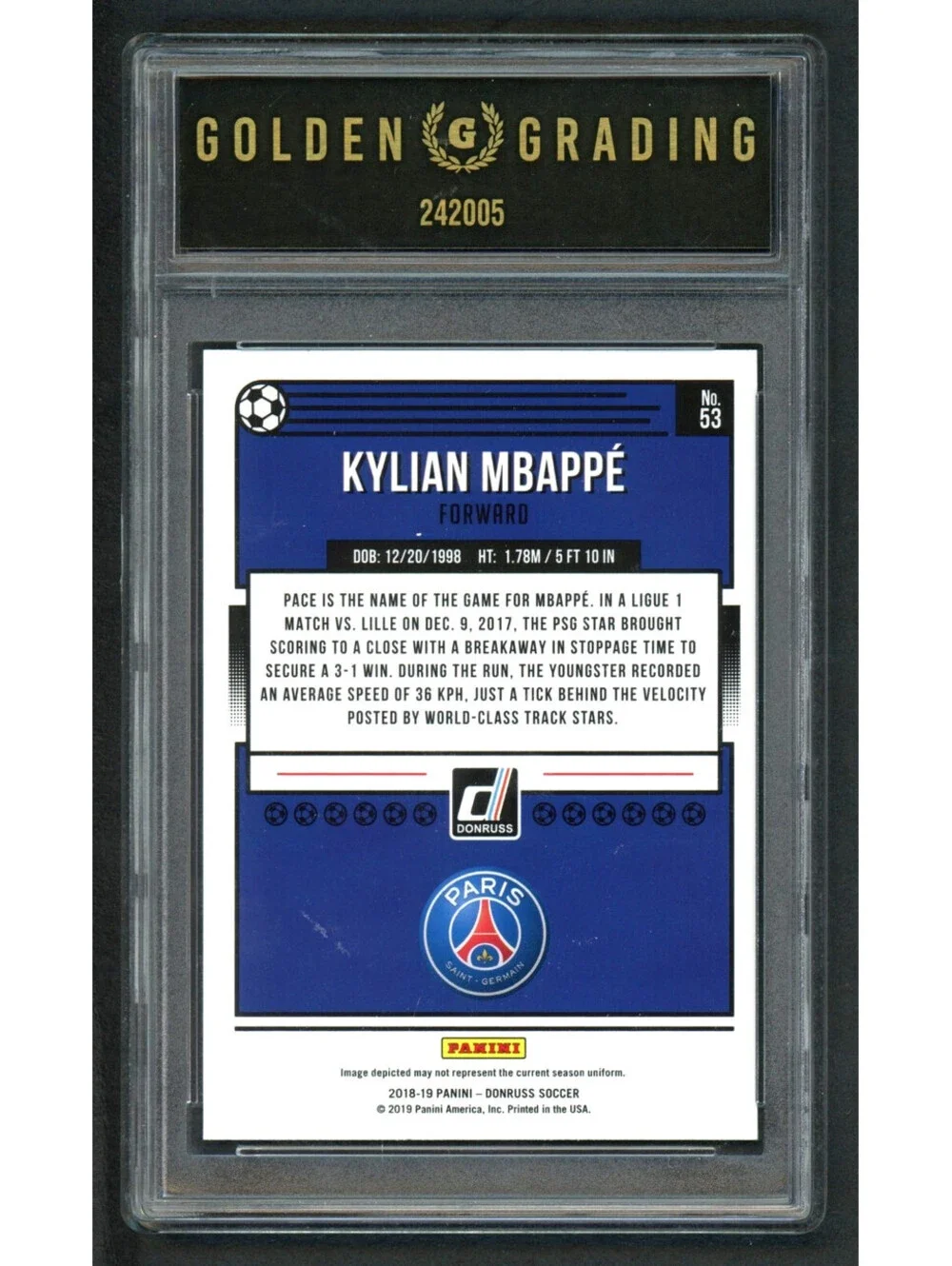 2018-19 Donruss #53 Kylian Mbappe PSG France Rookie  (RC) Graded 10 Gem Mint